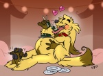 anthro collar eating eyes_closed food fur heart_symbol male nom overweight overweight_anthro overweight_male paws solo stuffing sushi tail tongue weight_gain whiskers yellow_body yellow_fur spookaboo canid canine canis domestic_dog mammal