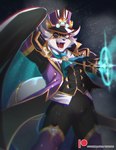 anthro black_body black_bottomwear black_clothing black_fur black_pants bottomwear bulge clothing eyewear fur glasses hat headgear headwear male one_eye_closed open_mouth pants solo tight_clothing chuurow lifewonders live_a_hero vulpecula canid canine fox mammal 2023 hi_res