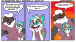 3_panel_comic anthro black_body black_fur bodily_fluids border bovid brown_body brown_fur canid canine canis caprine cheek_tuft crying curled_horn dialogue dialogue_box duo english_text facial_tuft fangs female fur green_highlights green_pawpads grey_body grey_fur hair half-closed_eyes hi_res highlights_(coloring) hooves horn humor male male/female mammal multicolored_body multicolored_fur narrowed_eyes neck_tuft open_mouth open_smile overweight overweight_anthro overweight_male pawpads paws purple_background red_background red_sclera running_makeup sheep simple_background smile star_pupils tears teeth text tuft white_body white_border white_fur white_hair wide_eyed wolf zephyri_q_wolf zephyriwolf