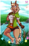 alternate_species anthro barefoot blonde_hair blue_eyes bottomwear braided_hair breasts clothing cloud compass day feet female flower gloves grass hair handwear looking_aside outside plant shorts smile solo standing water creamyowl hyrule_warriors nintendo the_legend_of_zelda linkle equid equine mammal 2020 hi_res