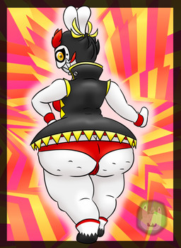 anthro bent_arm big_butt biped black_boots black_border black_clothing black_dress black_footwear black_hair boots border breasts butt butt_cleavage camel_toe cellulite clothed clothed_anthro clothed_female clothing dress ear_ribbon eyebrows female female_anthro footwear fur glowing glowing_body hair light logo long_ears looking_at_viewer looking_back looking_back_at_viewer markings mitten_hands mole_(marking) multicolored_hair noseless orange_eyes panties pattern_background red_clothing red_eyebrows red_hair red_panties red_shirt red_topwear red_underwear red_wristband sharp_teeth shirt shoes short_dress short_hair simple_background smile smiling_at_viewer solo spiky_hair standing straight_arm teeth thick_eyebrows thick_thighs three-quarter_view toothy_grin topwear two_tone_hair underwear white_body white_fur y_shaped_butt_crack yellow_ribbon sammyc96 mario_bros mario_plus_rabbids_sparks_of_hope nintendo raving_rabbids rayman_(series) ubisoft kanya_(mario_plus_rabbids) spark_hunter lagomorph mammal rabbid 2023 artist_logo colored crossover digital_drawing_(artwork) digital_media_(artwork) english_description full-length_portrait hi_res lighting portrait shaded