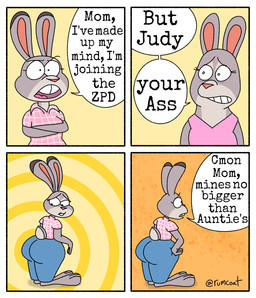 anthro big_butt blue_bottomwear blue_clothing blue_pants bottomwear breasts buckteeth butt clothed clothing comic_panel crossed_arms dialogue dotted_background duo eyelashes feet female female_anthro frown grey_body grey_feet grey_fingers grey_hands grey_head grey_neck grey_tail hands_on_hips hindpaw huge_butt humor looking_at_butt looking_at_own_butt looking_back open_mouth orange_inner_ear orange_nose pants pattern_background paws pink_clothing pink_shirt pink_topwear rabbit_ears rabbit_feet scut_tail shirt short_tail simple_background speech_bubble tail teeth text thick_thighs topwear weight_conscious white_speech_bubble wide_hips yellow_background rumcoat disney zootopia bonnie_hopps judy_hopps european_rabbit lagomorph leporid mammal oryctolagus rabbit comic digital_media_(artwork) english_text hi_res signature daughter_(lore) mother_(lore) mother_and_child_(lore) mother_and_daughter_(lore) parent_(lore) parent_and_child_(lore) parent_and_daughter_(lore)