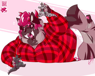 4_toes 5_fingers action_figure anthro blush blush_lines breasts brown_body brown_ears brown_fur brown_nose brown_sclera brown_stripes brown_tail clean_diaper clothed clothing colored_nails curly_hair diaper fangs feet female fingerless_(marking) fingernails fingers fur hair head_horn horn leg_markings logo lying markings nails on_front open_mouth open_smile pattern_clothing pattern_shirt pattern_topwear pawpads pink_fingernails pink_hair pink_horn pink_nails pink_pawpads plaid plaid_clothing plaid_shirt plaid_topwear playing playing_with_toys qr_code red_clothing red_shirt red_topwear shirt simple_background smile socks_(marking) solo striped_body striped_fur stripes tail tan_inner_ear teeth toes topwear wearing_diaper lilchu godzilla_(series) mythology toho bri_(kalash) godzilla mechagodzilla canid canid_demon canine demon hellhound hyena mammal mythological_canine mythological_creature 2021 5:4 artist_logo signature trans_(lore) trans_woman_(lore)