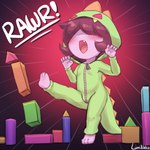 action_pose aged_down anthro barefoot biped black_hair blush blush_lines clothed clothing costume cute_fangs dinosaur_costume fangs feet female front_view hair hair_over_eyes open_mouth pink_body pose raised_leg rawr simple_background solo sound_effects teeth text young young_anthro young_female lumineko deltarune undertale_(series) susie_(deltarune) reptile scalie 1:1 2025 english_text