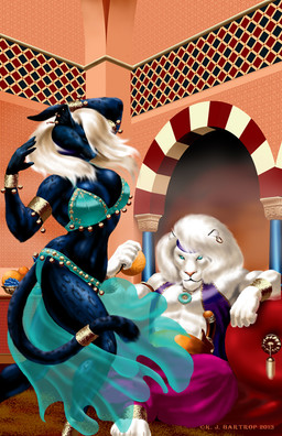 anthro arabian bell black_body black_fur blue_eyes breasts clothed clothing dancing duo female fur hair harem harem_outfit jewelry leucistic long_hair male mane navel necklace skimpy spots tail white_body white_fur richard_bartrop felid lion mammal pantherine 2013