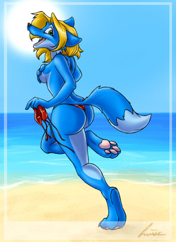 4_toes anthro beach bikini bikini_removed bikini_thong blonde_hair blue_body blue_fur breasts butt clothed clothing countershading covering covering_breasts covering_self day dipstick_tail feet female fur green_eyes hair hand_on_own_breast markings multicolored_tail pawpads paws pink_pawpads running sea seaside side_boob side_view solo sun swimwear swimwear_removed tail tail_markings toes topless two-piece_swimsuit water cinnamonhunter she-wolf_(cinnamonhunter) canid canine canis mammal wolf 2009