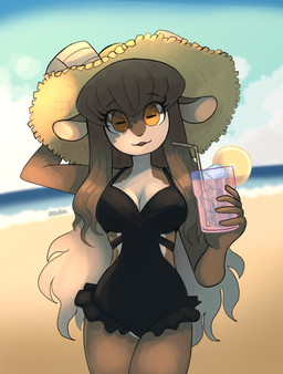 anthro beverage breasts brown_hair cleavage clothed clothing female hair hat headgear headwear holding_beverage holding_object horizontal_pupils long_hair looking_at_viewer orange_eyes outside pupils solo swimwear okaliz adeline_(okaliz) bovid caprine goat mammal absurd_res hi_res