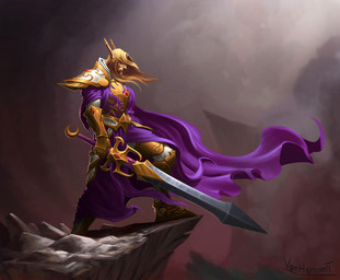 armor blonde_hair blood bodily_fluids cape clothing gauntlets gloves hair handwear holding-sword holding_melee_weapon holding_object holding_sword holding_weapon humanoid_pointy_ears male melee_weapon not_furry pauldron pointy_ears purple_cape purple_clothing solo sword weapon vanharmontt blizzard_entertainment warcraft blood_elf elf humanoid 2023 digital_media_(artwork) hi_res