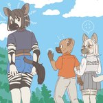 anthro bottomwear clothed clothing cross-popping_vein female group kemono male shorts sulking trio ekaki510 giraffid hyena mammal okapi spotted_hyena striped_hyena 1:1 japanese_description