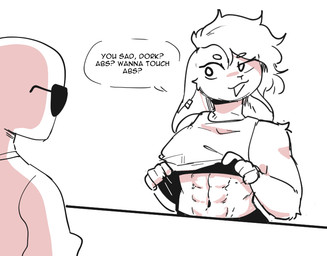 abs anthro asking circle_eyebrows clothed clothed_anthro clothed_female clothing clothing_lift dialogue duo ear_piercing eyebrow_through_hair eyebrows eyewear faceless_character female female_anthro fingers floppy_ears fur furniture hair insult lop_ears muscular muscular_anthro muscular_female navel open_mouth open_smile piercing question shirt shirt_lift simple_background sleeveless_shirt smile speech_bubble sunglasses table text topwear translucent translucent_hair wearing_sunglasses white_background conditional_dnp sonokido boobs?_wanna_touch_boobs? ventura_city_drifters anon emily_lang lagomorph leporid mammal rabbit 2024 digital_drawing_(artwork) digital_media_(artwork) english_text meme
