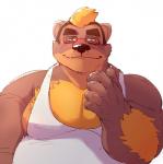 5_fingers anthro arm_hair barazoku biped black_hair black_nose blonde_hair blush body_hair brown_body brown_fur chest_hair clothing eyebrows eyewear fingers fur glasses hair looking_at_viewer male overweight overweight_anthro overweight_male shirt shoulder_hair simple_background smile solo tank_top thick_eyebrows topwear white_background jumperbear extracurricular_activities harold_grifter bear mammal 2019 half-length_portrait hi_res portrait