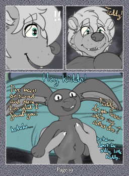 anthro bed bedroom claws close-up dialogue duo exclamation_point fangs first_person_view front_view fur furniture green_eyes hair happy holding_object looking_at_object male pillow plushie question question_mark sharp_teeth side_view smile teeth text tongue young young_anthro young_male dasherslash andy_(dasherslash) mammal mustelid otter 2025 comic digital_media_(artwork) english_text hi_res