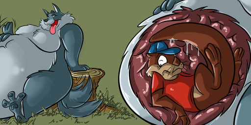 anthro belly big_belly blue_cap bottomless bottomless_anthro bottomless_male clothed clothing duo fangs fur grass half-closed_eyes hand_on_belly hat headgear headwear inside_belly internal male morbidly_obese morbidly_obese_anthro morbidly_obese_male mouth_closed narrowed_eyes nude obese obese_anthro obese_male open_mouth overweight overweight_anthro overweight_male partially_clothed patting patting_belly paws plant red_clothing red_shirt red_topwear shirt sitting soft_vore stump tail tail_between_legs tail_motion tailwag teeth tongue tongue_out topwear vore whiskers wide_eyed dutch_(artist) fan_character canid canine canis mammal mustelid otter wolf 2022 hi_res signature