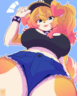 anthro biped bottomwear breasts claws clothed clothed_anthro clothed_female clothing countershade_torso countershading female fingers front_view fully_clothed fully_clothed_anthro fully_clothed_female fur hair looking_at_viewer navel pants smile solo standing tail teeth tongue topwear p4wsized blue_(breedypupper) canid canine canis domestic_dog mammal hi_res