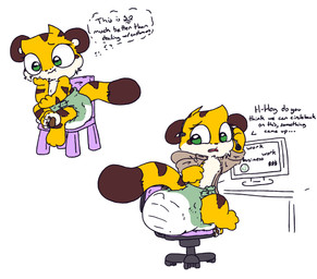 3_toes 4_fingers ambiguous_gender anthro brown_body brown_clothing brown_ears brown_fur brown_jacket brown_pawpads brown_stripes brown_tail brown_tail_tip brown_topwear chair clean_diaper clothed clothing computer currency_symbol dialogue diaper diaper_only dipstick_tail dollar_sign ears_down electronics ellipsis feces feet fingers fur furniture hand_on_chin headgear headphones headset jacket looking_back markings multicolored_body multicolored_fur office_chair on_chair open_mouth pawpads pink_chair pivoted_ears simple_background sitting sitting_on_chair snaggle_tooth soiled_diaper soiling solo striped_body striped_fur striped_markings striped_tail stripes symbol tail tail_markings talking_to_another tan_body tan_fur tan_inner_ear text thought_bubble toes topless topwear two_tone_tail unclean_diaper used_diaper wavy_mouth wearing_diaper white_background yellow_body yellow_fur yellow_tail boredomwithfriends ace_(boredomwithfriends) felid mammal pantherine tiger 2026 absurd_res english_text hi_res multiple_scenes