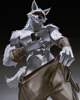 abs bottomwear clothing electronics fangs fur gradient_background low-angle_view male muscular muscular_male navel pants phone red_eyes simple_background standing tail teeth toothlee dreamworks puss_in_boots_(franchise) death_(puss_in_boots) canid canine canis mammal wolf 4:5 absurd_res digital_drawing_(artwork) digital_media_(artwork) hi_res