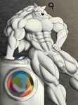 abs anthro appliance biceps big_muscles big_pecs big_penis black_nose electronics flaccid fur genitals hair hair_over_eyes hand_on_hip humanoid_genitalia humanoid_penis laundry_machine leaning leaning_on_object light_body light_fur long_hair male muscular muscular_anthro muscular_male muscular_thighs nude pecs penis phone pose question_mark solo standing thick_thighs triceps vein veiny_arms veiny_penis washing_machine white_body white_fur wolfblack43 canid canine canis mammal wolf 2021 hi_res