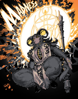 anthro asian_clothing black_body black_fur black_hair breasts chinese_clothing chinese_dress cleavage_cutout clothing crouching cutout dress east_asian_clothing explosion eye_on_hand female fur hair holding_object holding_weapon hooves long_hair long_tail low-angle_view open_chest open_hand quarterstaff solo symbol tail text thick_thighs unusual_anatomy unusual_eye_placement weapon ssambatea libra_(ssambatea) bovid caprine goat mammal absurd_res hi_res