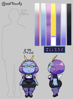 2_antennae 5_fingers antennae_(anatomy) anthro big_breasts big_butt black_clothing black_eyes black_footwear black_high_heels black_text blue_body blue_tail breasts butt chart clothing color_swatch eyeliner female female_anthro fingers footwear grey_background grey_text hair height_chart high_heels highlights_(coloring) insect_wings leggings legwear makeup mouth_closed narrowed_eyes noseless number office_clothing office_lady purple_clothing purple_eyeliner purple_hair purple_leggings purple_legwear purple_text shoes short_tail shortstack simple_background small_wings solo standing tail text thick_thighs white_sclera wings yellow_antennae oofrowdy nintendo pokemon illise_(oofrowdy) arthropod generation_3_pokemon illumise insect pokemon_(species) artist_name character_name hi_res model_sheet watermark