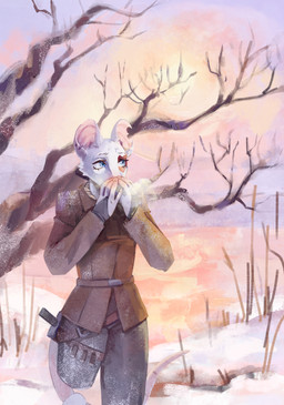 anthro blue_eyes bottomwear breath clothed clothing eye_tattoo facial_tattoo female floating_limbs fully_clothed fur gloves handwear heart_symbol jacket knife outside pants piercing plant sky snow solo sun sunset tail tattoo topwear tree white_body white_fur shapavoid lux_forest mammal mouse murid murine rodent absurd_res digital_media_(artwork) digital_painting_(artwork) hi_res painting_(artwork) trans_(lore)