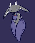 2_horns anthro breasts clothed clothing female floppy_ears fully_clothed fur grey_body grey_fur horn huge_hips medium_breasts overalls_only pear-shaped_figure purple_background scut_tail short_tail simple_background solo standing tail thick_thighs three-quarter_view wide_hips yattermang nan_quest nan_(nq) bovid caprine goat mammal