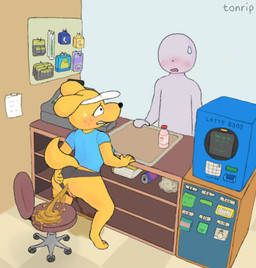 anthro barefoot battery beverage blush bodily_fluids book bottle brush butt cash_register cashier chair clenched_teeth clothing clothing_pull container diarrhea digitigrade duo embarrassed energy_drink eyelashes feces feet female female_anthro female_peeing female_pooping furniture gas_station genital_fluids genitals hat headgear headwear lottery_ticket office_chair panties panty_pull paws peeing peeing_on_ground pooping public public_pooping public_urination shirt sweat sweatdrop teeth toes toothbrush topwear underwear underwear_pull urine urine_on_ground visor_cap vulva wetting tonrip adult_swim cartoon_network gassy's_gas_'n_stuff lulu_(gassy's_gas_'n_stuff) canid canine canis domestic_dog human mammal 2025 digital_drawing_(artwork) digital_media_(artwork) hi_res