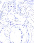 absorption_vore anthro balls big_balls big_pecs big_penis cock_vore erection genitals huge_balls huge_pecs huge_penis male multiple_prey muscular muscular_anthro muscular_male pecs pectoral_vore penile penis sitting solo vore wings drdeadman flickrtail canid canine hybrid mammal absurd_res blue_and_white hi_res monochrome