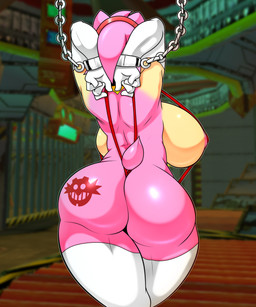 anthro areola armwear big_breasts big_butt bound breasts butt butt_tattoo captured chain chained clothing cuff_(restraint) elbow_gloves female fur gloves hair handwear huge_breasts huge_butt legwear one-piece_swimsuit pink_areola pink_body pink_fur pink_hair rear_view restraints sling_bikini solo swimwear tail tattoo thick_thighs thigh_highs white_armwear white_clothing white_elbow_gloves white_gloves white_handwear white_legwear white_thigh_highs wide_hips wrist_cuffs randomgloves eggman_logo sega sonic_the_hedgehog_(series) amy_rose eulipotyphlan hedgehog mammal 2023 hi_res