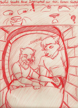 amusement_park anthro blush bodily_fluids clothed clothing cum detailed_background duo erection erection_under_clothing exclamation_point genital_fluids genitals handjob humanoid_genitalia humanoid_penis inside male male/male moan penile penis public public_sex question_mark sex shirt t-shirt tail text topwear whiskers dpt710 disney disney_parks disneyland the_haunted_mansion canid canine canis mammal mustelid otter wolf 2010 dated english_text handwritten_text hi_res monochrome red_and_white signature sketch