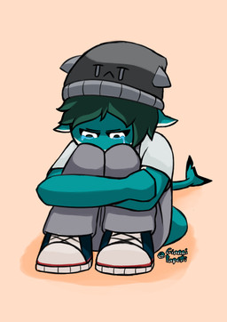 anthro beanie bodily_fluids clothed clothing countershading crying female green_hair hair hat headgear headwear looking_down multicolored_body sad simple_background solo teal_body tears giannipapetti piper_(giannipapetti) aquatic fish requiem_shark shark digital_drawing_(artwork) digital_media_(artwork) hi_res signature