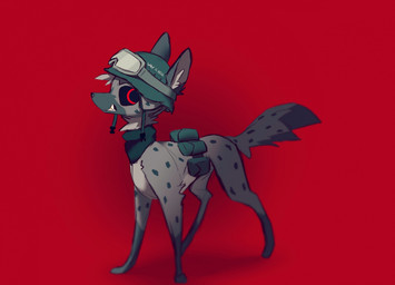 ambiguous_gender arm_tuft armor army_helmet belt belt_pouch black_sclera clothed clothed_feral clothing digitigrade elbow_tuft facial_markings feral fur furgonomic_headwear furgonomics gloves_(marking) goggles_on_headwear gold_(metal) gold_tooth hair head_markings headgear headwear inner_ear_fluff kerchief leg_markings long_legs looking_at_viewer markings mostly_nude muzzle_(marking) neck_tuft neckerchief neckwear paws red_background red_eyes simple_background skinny slim socks_(marking) solo spots spotted_body spotted_fur tail text text_on_clothing text_on_headwear toothy_smile tuft =djoyk= hyena mammal digital_drawing_(artwork) digital_media_(artwork) english_text hi_res