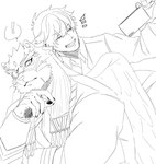 anthro blush cellphone duo electronics grin male male/male phone smartphone smile izm_rm7 lifewonders tokyo_afterschool_summoners protagonist_(tas) tezcatlipoca_(tas) twink_protagonist_(tas) felid human mammal pantherine hi_res line_art monochrome