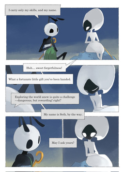 antennae_(anatomy) backpack biped black_body detailed_background dialogue duo empty_eyes eye_contact female female_humanoid grey_body looking_at_another mouthless sitting speech_bubble talking_to_another text white_body white_eyes darkdog hollow_knight:_silksong hollow_knight_(franchise) team_cherry lace_(hollow_knight:_silksong) seth_(hollow_knight:_silksong) arthropod humanoid 2025 comic digital_drawing_(artwork) digital_media_(artwork) english_text hi_res