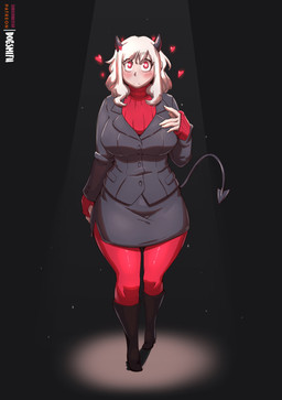 big_breasts blonde_hair blush breasts clothed clothing female fully_clothed hair horn long_hair looking_at_viewer not_furry red_eyes solo spade_tail tail wide_hips inu-sama helltaker modeus_(helltaker) demon demon_humanoid horned_humanoid humanoid mammal 2021 absurd_res hi_res