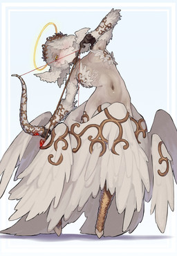 blush bow_(weapon) covering covering_self feathered_wings feathers female gold_(metal) gold_jewelry hair halo hooves jewelry looking_at_viewer ranged_weapon smile smirk solo weapon white_body white_hair wings yellow_eyes ekrea_jan angel humanoid hi_res