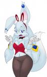 anthro blue_eyes bow_(feature) bow_tie breasts cleavage clothed clothing collar eyelashes female fur gloves handwear leggings legwear navel open_mouth simple_background solo teeth tongue white_background white_body white_fur elpatrixf kriyu lagomorph leporid mammal rabbit hi_res