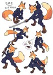anthro canid canine clothed clothing english_text female fox hi_res isomaru katana mammal melee_weapon multiple_poses ninja pose simple_background solo sword text thought_bubble warrior weapon white_background