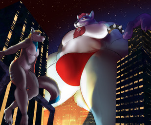 anthro biped bracelet bulge duo jewelry low-angle_view macro macro_anthro male male_anthro night size_difference spiked_bracelet spikes wolfser skaldaxe_(artist) mario_bros nintendo freazzy ryan_(freazzy) canid canine canis koopa mammal scalie wolf absurd_res hi_res