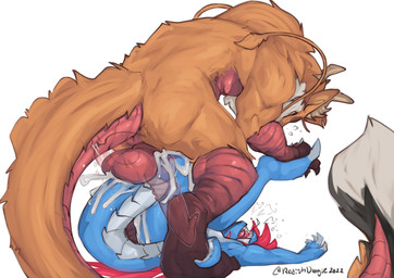 anal anal_penetration anthro anthro_on_anthro anthro_penetrated anthro_penetrating anthro_penetrating_anthro ass_up balls balls_on_tail big_penis biped blue_body bodily_fluids butt cum cum_in_ass cum_inside cum_on_butt duo feet foot_grab fur genital_fluids genitals hair huge_penis internal internal_anal knot long_hair lying male male/male male_penetrated male_penetrating male_penetrating_male on_back orange_body orange_fur penetration penile penile_penetration penis penis_in_ass red_balls red_body red_hair ridged_knotted_penis ridged_penis sex simple_background tail white_background white_body redishdragie asian_mythology east_asian_mythology mythology draixen_(scaledfox) rakuo dragon eastern_dragon mythological_creature mythological_scalie scalie 2022 absurd_res digital_media_(artwork) hi_res