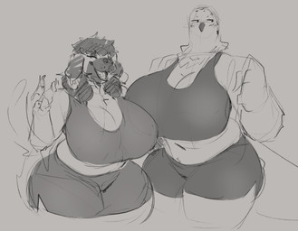 anthro beak big_breasts breasts claws clothed clothing duo female female_anthro finger_claws floppy_ears front_view hair huge_breasts looking_aside looking_at_viewer mouth_closed navel non-mammal_breasts non-mammal_navel open_mouth open_smile overweight overweight_anthro overweight_female short_hair simple_background simple_eyes smile standing thick_thighs tongue wide_hips jezzlen millie_(jezzlen) avian canid canine canis domestic_dog mammal hi_res monochrome portrait sketch three-quarter_portrait