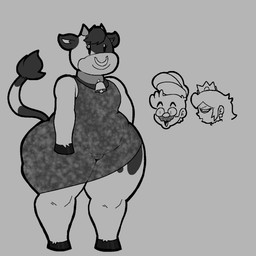 annoyed anthro anthrofied beady_eyes bell bell_collar belly black_body black_eyes black_fur clothing collar cowbell cowbell_collar crown dot_eyes dress ear_piercing ear_ring eyebrows eyelashes facial_hair facial_piercing female fur group hair hat headgear headwear hooves horn long_hair looking_at_another love_handles male markings mustache narrowed_eyes nose_piercing nose_ring open_mouth piercing ring_piercing simple_eyes slightly_chubby smile spots spotted_body spotted_fur surprised tail tail_tuft thick_thighs trio tuft white_body white_fur wide_hips lewdewott mario_bros mario_kart nintendo mario moo_moo_meadows_cow princess_peach bovid bovine cattle dairy_cattle holstein_friesian_cattle human mammal 1:1 2026 hi_res monochrome