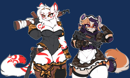 absolute_territory accessory ak-47 ak_platform anthro assault_rifle bag bottomwear breasts bulletproof_vest camo camo_bottomwear camo_clothing camo_print cleavage clothed clothing duo female fluffy fluffy_tail fur furgonomics gesture gun hair handgun holding_object holding_ranged_weapon holding_weapon legwear leotard maid_uniform male male/female pattern_bottomwear pattern_clothing pistol ranged_weapon rifle salute simple_background skirt smile tactical_gear tail tail_accessory tail_bag thick_thighs thigh_highs topwear transparent_background uniform weapon white_body white_fur wide_hips tasticstarlight felid feline felis mammal pantherine siberian_tiger tiger 5:3 alpha_channel hi_res