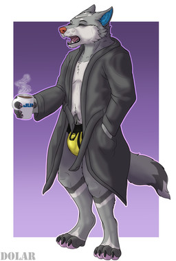 anthro bathrobe bulge clothing daxiu fluffy fur grey_body grey_fur jockstrap male paws robe solo tail underwear dolar daxik canid canine canis mammal wolf absurd_res hi_res