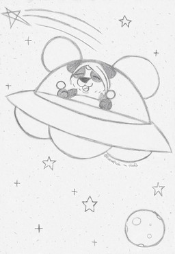 anthro black_body black_fur black_nose clothed clothing eyes_closed female fur fur_markings hair happy markings moon open_mouth open_smile round_ears shooting_star slightly_chubby smile solo space star tongue ufo white_body white_clothing white_fur white_hair lunarpanda8686 mika_(lunarpanda8686) bear giant_panda mammal ursine graphite_(artwork) hi_res monochrome sketch traditional_media_(artwork)
