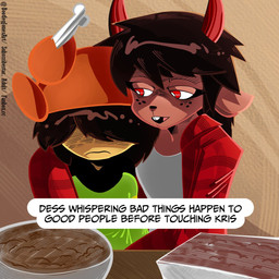 adolescent age_difference anthro antlers brown_body brown_fur brown_hair buckteeth clothing dark_hair duo eyelashes female food freckles fur furniture hair hair_over_eyes hat headgear headwear hidden_eyes horn hug hugging_another human_on_anthro implied_pedophillia interspecies jacket larger_anthro larger_female looking_at_another male older_female personal_grooming red_antlers red_eyes shirt simple_background size_difference smaller_human smaller_male table tank_top teeth text topwear young younger_human younger_male bootlegjones deltarune undertale_(series) dess_holiday kris_dreemurr deer human mammal new_world_deer reindeer 1:1 artist_name english_text hi_res signature