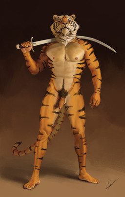 anthro ear_piercing ear_ring foreskin front_view fur genitals holding_melee_weapon holding_object holding_sword holding_weapon humanoid_genitalia humanoid_penis looking_at_viewer male melee_weapon neck_tuft nipples nude nude_anthro nude_male orange_body orange_fur partially_retracted_foreskin pecs penis piercing plantigrade pubes ring_piercing solo standing stripes sword tail tuft weapon whisker_spots whiskers dandzialf felid mammal pantherine tiger digital_media_(artwork) full-length_portrait hi_res portrait signature