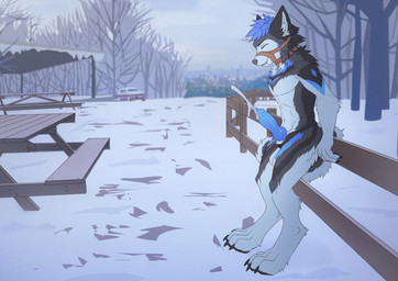 animal_genitalia anthro bodily_fluids claws collar cum cumshot ejaculation erection eyes_closed fingers fur furniture genital_fluids genitals hair knot knotted_penis male markings muzzle_(object) nature nude_anthro outdoor_nudity outside paws penis plant smile snow solo table tail tree winter sekielmoon alaskan_malamute canid canine canis domestic_dog mammal nordic_sled_dog spitz 2026 digital_media_(artwork) hi_res