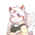 anthro clothing fur looking_at_viewer male purple_eyes simple_background solo white_background white_body white_fur young young_anthro mrshu canid canine canis mammal wolf 1:1 2020 hi_res signature