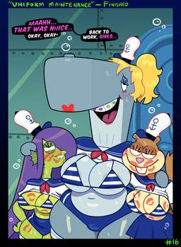 anthro big_breasts blonde_hair blush bra braces breasts buckteeth clothed clothing dazed employee employee_uniform eyelashes fast_food_employee fast_food_restaurant fast_food_uniform female female/female group hair hair_over_eye hat headgear headwear kiss_mark kiss_mark_on_chest kiss_mark_on_face long_hair looking_at_viewer ponytail teeth trio underwear upskirt white_hair somescrub nickelodeon spongebob_squarepants eelie_applebottom pearl_krabs sandy_cheeks aquatic cetacean eastern_grey_squirrel eel fish grey_squirrel mammal rodent sciurid sperm_whale toothed_whale tree_squirrel whale absurd_res hi_res