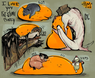 ambiguous_gender animal_ears anthro bag bag_on_head barefoot beard bent_leg black_clothing black_footwear black_hair black_shoes button_(fastener) button_eyes carrying_another clothing dark_body dark_skin dewlap_(anatomy) dress eyes_closed facial_hair fangs feet female feral flower footwear fur grey_body grey_fur group hair happy hidden_text holding_arm holding_slime hug label laying_on_another laying_on_top lips male missing_lower_body not_furry nude number on_head orange_slime patchwork paws plant plushie red_ears rib_cage rib_lines ribbons shoes simple_background sitting sleeping slime spine tail tail_motion tailwag teddy_bear teeth text toes whiskers white_body white_skin yellow_ribbon young young_human young_humanoid hatmanthefish scp_foundation scp-053 scp-096 scp-2295 scp-529 scp-682 scp-999 domestic_cat felid feline felis goo_creature human humanoid mammal reptile scalie 2026 colored digital_drawing_(artwork) digital_media_(artwork) english_description english_text hi_res shaded signature